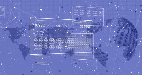 Image of statistics and digital data processing with world map over purple background