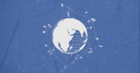 Image of globe with currency icons and data processing over blue background