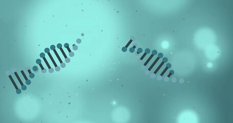 Image of dna strands and glowing light spots moving over blue background