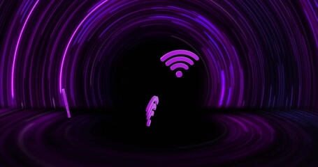 Image of wifi icons and neon light trails on black background