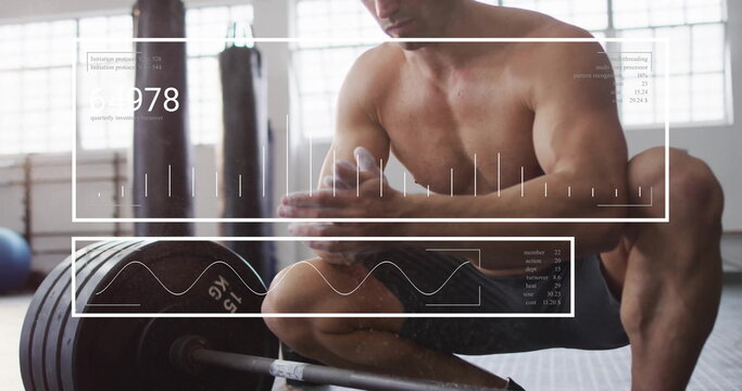 Image of diagrams and data processing over caucasian strongman at gym - Powered by Adobe