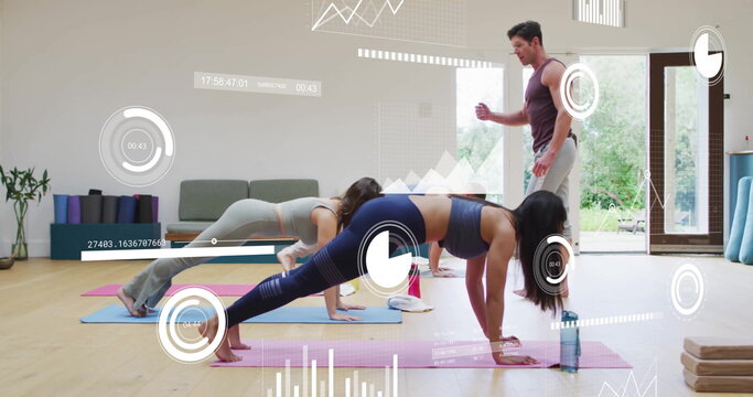 Image of diagrams and data processing over diverse women with male coach exercising