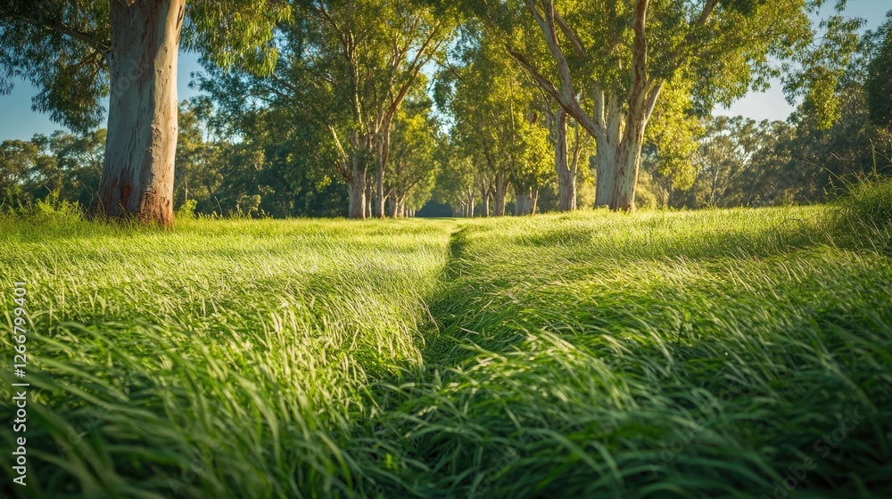 Poster a serene landscape featuring a lush green grassy field with tall trees standing behind, suitable for