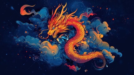 Fiery dragon coils through clouds, mythical Asian creature on a dark, mystical backdrop art for desktop