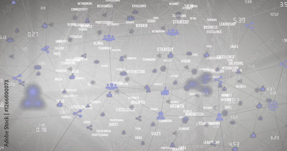 Poster image of network of connections with icons over data processing