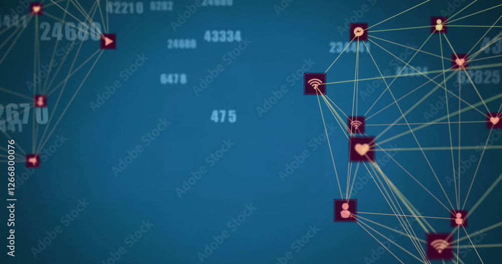 Poster image of network of connections with icons over data processing