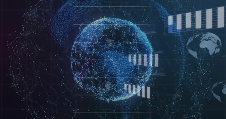 Image of data processing over globe of connections on black background