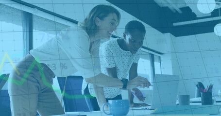 Image of financial data processing over diverse female colleagues using laptop