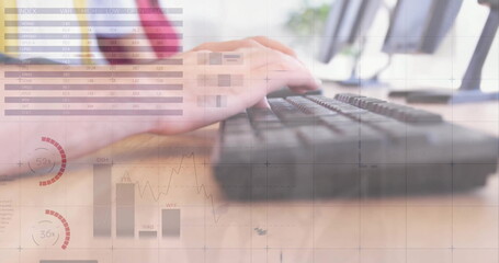 Image of social media data processing over caucasian businessman using computer