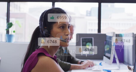 Image of social media data processing over diverse business people in office