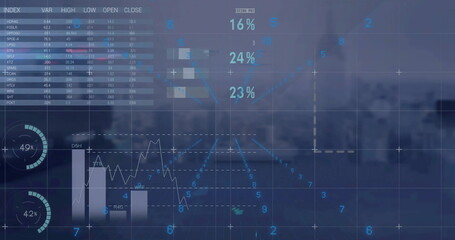 Image of digital data processing over cityscape