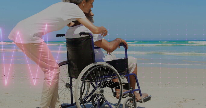 Image of cardiograph over senior biracial couple embracing at beach