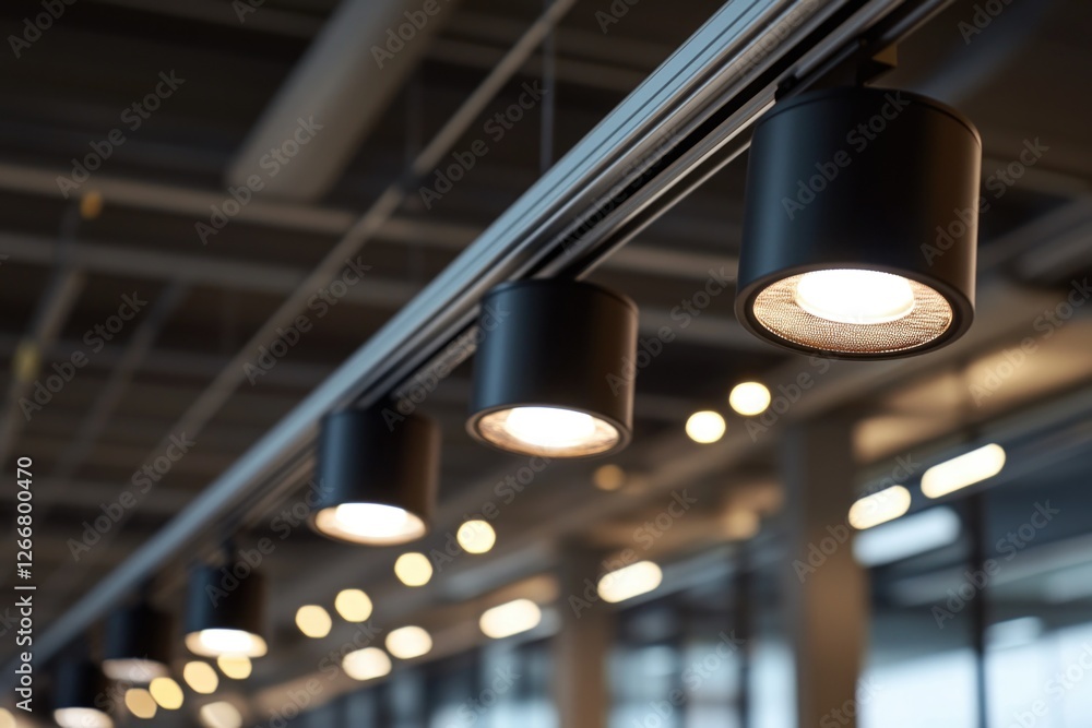 Poster row of lights hanging from the ceiling of a building, useful for decoration and event planning