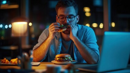 man enjoying burger while working on laptop at night