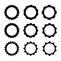 Set of blank black round frames with starburst edged, wavy edged and scallop edged. Flat design illustration.	