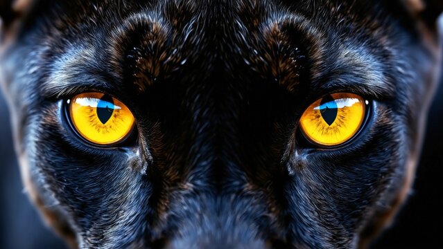 Black panther eyes background, wild cat animal face in night, yellow eyeballs in dark. Black panther eyes glow look in macro closeup, wildlife cheetah, puma or cheetah yellow evil eye