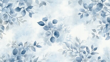 56.A delicate winter-themed watercolor background featuring soft brush strokes in icy blues and whites, adorned with hand-drawn botanical leaves and subtle floral elements in muted pastels.