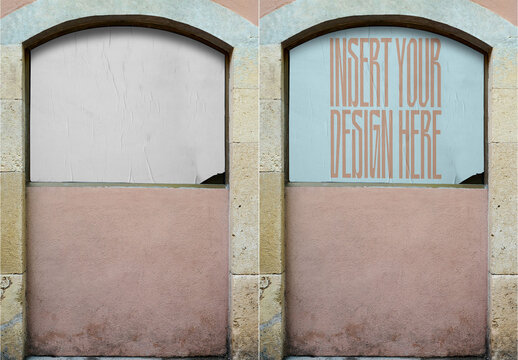 Torn crumpled paper poster mockup in an oval window on a rustic facade ideal for urban design projects in Europe.