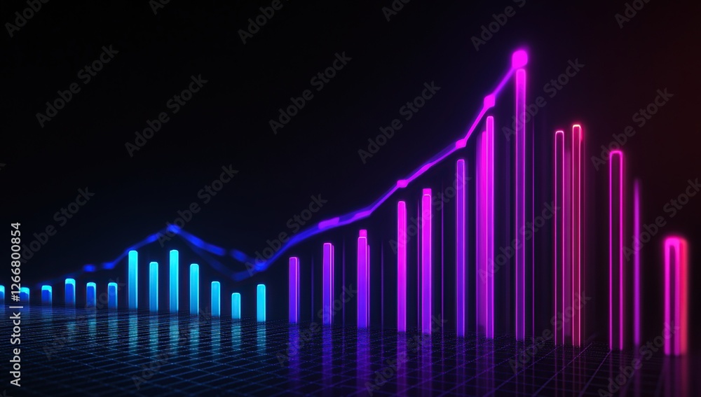Poster visualizing growth: neon bar chart shows exponential upward trend in data, reflecting progress and s