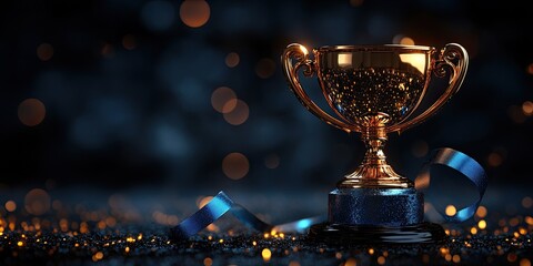 Gold trophy on dark background with bokeh lights, showcasing a victory theme, with dark blue base and ribbon