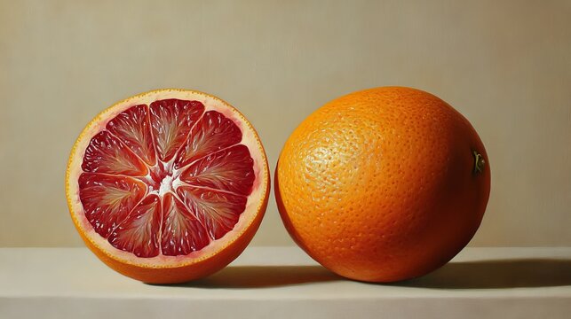 111.Whole and halved moro blood oranges, their intensely colored interiors and vibrant exteriors captured in stunning detail against a neutral backdrop.