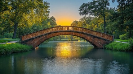 Obraz premium Picturesque park bridge over a calm lake at sunrise. Lush green trees frame the arching brick bridge reflecting golden light on the water.