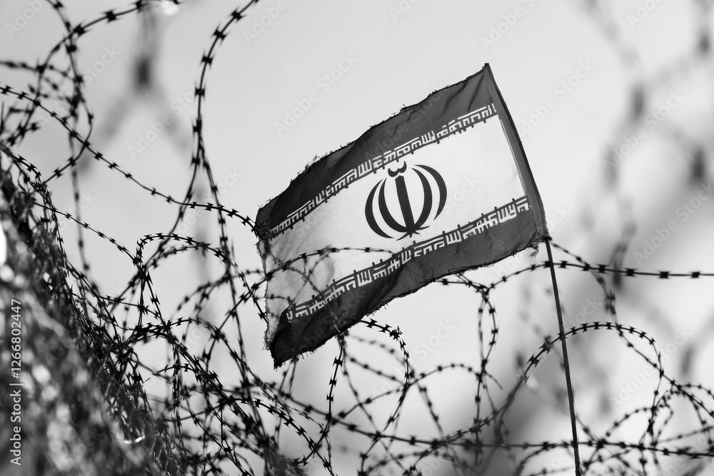 Poster a black and white image of a flag standing behind a barbed wire fence, conveying a sense of confinem