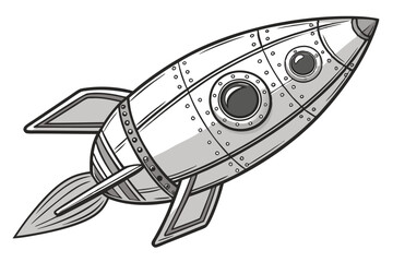  Metallic rocket-shaped spacecraft, sleek futuristic design, retro sci-fi aesthetic, silver chrome finish, detailed rivets and panels, streamlined aerodynamic form, fins and propulsion nozzle, indus