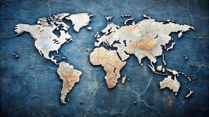 A World Map Carved into Ancient Stone, Showing Continents and Oceans with a Weathered, Textured Surface