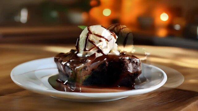 chocolate cake with whipped cream and ice cream on top on plate,