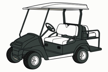  Photo of a golf cart with a dark green body and a beige interior. The cart has a large canopy over the front seat and a small cargo area in the back. The tires are black with silver rims. The cart 