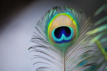 Fototapeta premium A close-up view of a vibrant peacock feather resting on a leafy plant