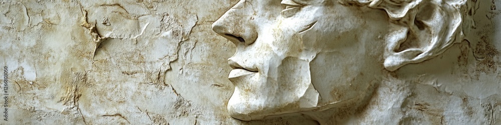 Poster a detailed image of a sculpted human face, perfect for art or architecture context