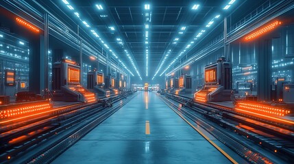 Obraz premium A futuristic export hub glowing with advanced robotics and automated systems, sharp and efficient