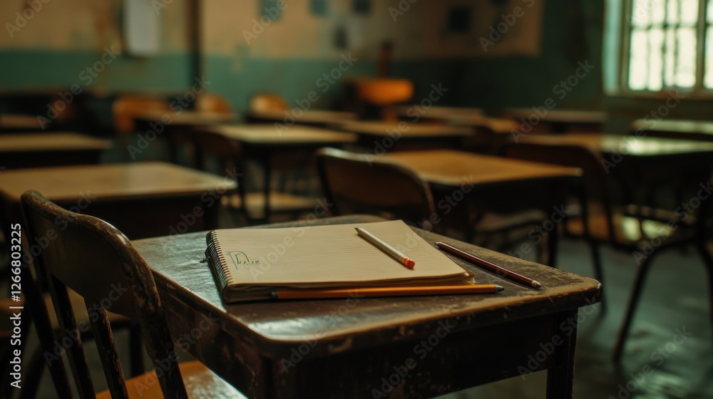 Poster empty classroom desk with notebook and pencils