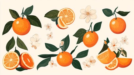 Obraz premium 51.A playful and artistic vector set of abstract orange-themed illustrations, including whole fruits, half slices, leaves, and flowers, drawn with fine lines and vibrant colors.