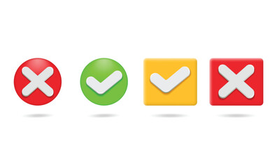 Realistic right and wrong 3D Button. A set of glossy round icons with a check mark, a sign of the cross. 3d minimalist style. Symbols of acceptance, rejection and attention. Vector illustration
