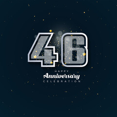 46th Anniversary celebration, 46 Anniversary celebration in black BG, stars, glitters and ribbons, festive illustration, white number 46 sparkling confetti, 46,47