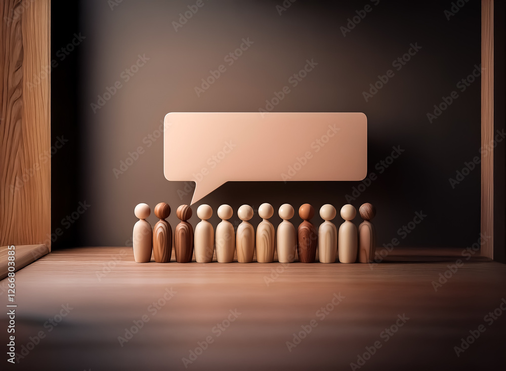 Poster wooden figures stand in a row with a speech bubble above them, symbolizing communication and ideas i