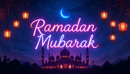 Ramadan Mubarak in Vibrant Neon Lights with Mosque Silhouette