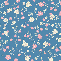 Fototapeta premium small scattered flowers pattern, blue background, pink and cream colored tiny floral design