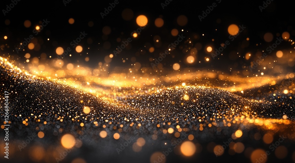 Poster abstract background with golden glitter particles and bokeh effects, flowing over a dark background.