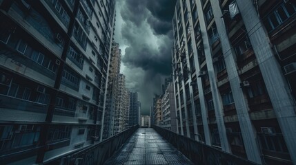 Dramatic urban landscape showcasing towering buildings under a stormy sky, with a deserted walkway in the foreground