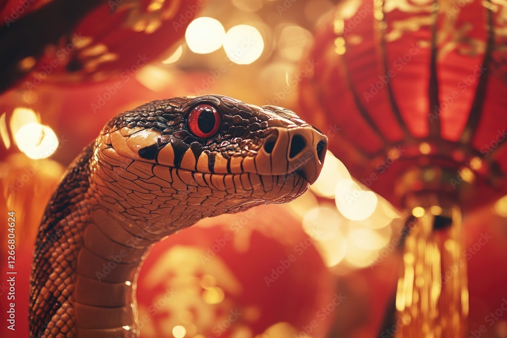 Poster a close-up view of a snake statue surrounded by red lanterns