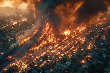 Naklejka premium A massive wildfire is burning through an urban area, with flames engulfing buildings and smoke filling the air