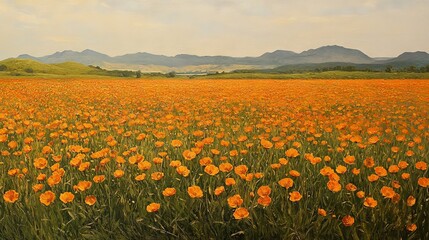 Fototapeta premium 82.A vibrant field of orange blossoms stretching to the horizon, illuminated by the midday sun, with every detail of the flowers captured in crisp clarity.