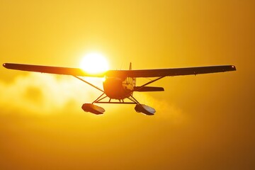 A small airplane flies through the sky as the sun sets behind, providing a beautiful backdrop for this aviation shot