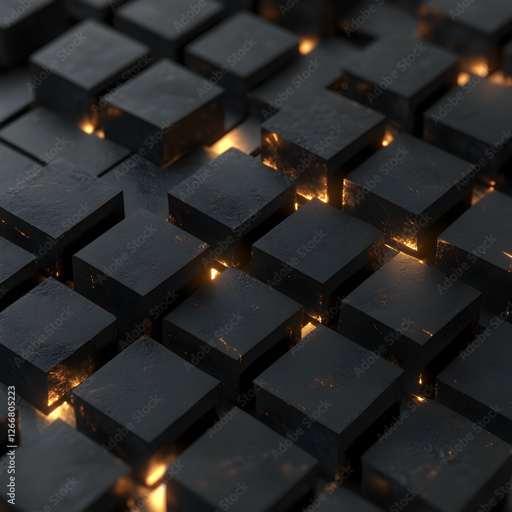 Poster dark abstract pattern with black cubes arranged in a grid, some cubes illuminated by warm light