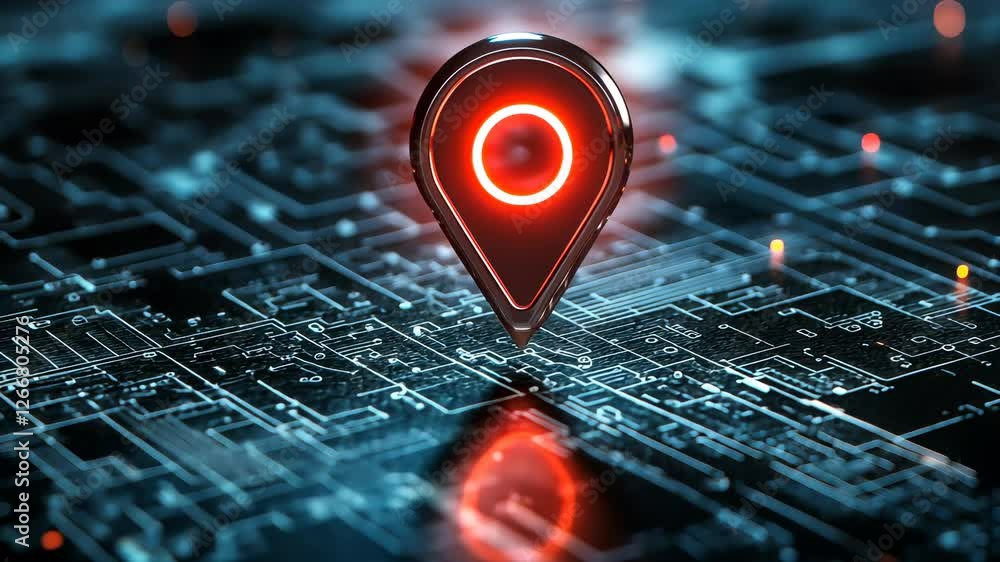 Poster 3d gps location pin hovering over intricate circuitry, neon glowing with digital precision and repre