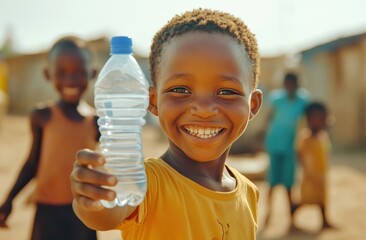 Child Holds Water Bottle, Smiling Joyfully;  Clean Water Access, Global Health Initiative, Community Development,  Happy Child's Life,  Hope for Future, Thirst Relief,  Sustainable Development